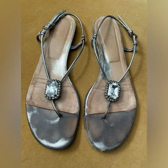Valentino Garavani Pewter Metallic Jeweled Flat Sandals 8 - Picture 2 of 9